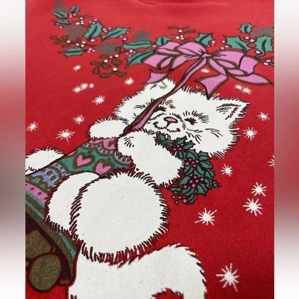 Vintage Fruit Of‎ The Loom Best Ugly Christmas Sweatshirt  Red Cat Belle size L - Picture 12 of 13
